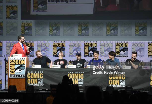 Greg Miller, Mike Jones, Bill Rosemann, Mat Kraemer, Heeyoung Lee, Pine Sohn, and Jason Bender speak onstage during the Marvel Games Panel during...