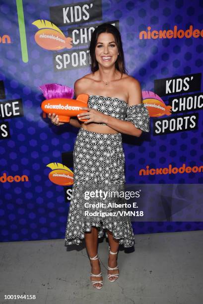 Soccer player Alex Morgan poses backstage at the Nickelodeon Kids' Choice Sports 2018 at Barker Hangar on July 19, 2018 in Santa Monica, California.