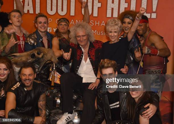 Brian May and Anita Dobson pose with cast members backstage at the West End production of "Bat Out Of Hell: The Musical" at The Dominion Theatre on...