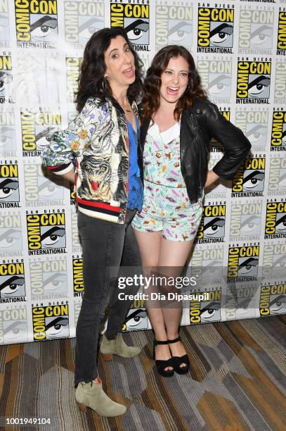 Aline Brosh McKenna and Rachel Bloom of 'Crazy Ex-Girlfriend' attend CBS Television Studios Press Line during Comic-Con International 2018 at Hilton...