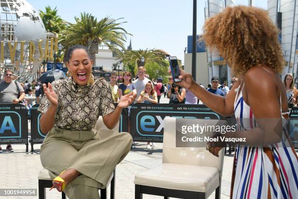 Tracee Ellis Ross and Tanika Ray visit 'Extra' at Universal Studios Hollywood on July 19, 2018 in Universal City, California.