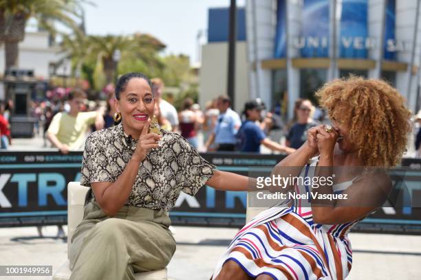 Tracee Ellis Ross and Tanika Ray visit 'Extra' at Universal Studios Hollywood on July 19, 2018 in Universal City, California.