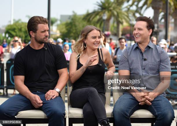 Milo Gibson, Jordan Hinson and Peter Facinelli visit 'Extra' at Universal Studios Hollywood on July 19, 2018 in Universal City, California.