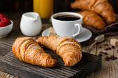 Breakfast with croissants, coffee, orange juice and berries