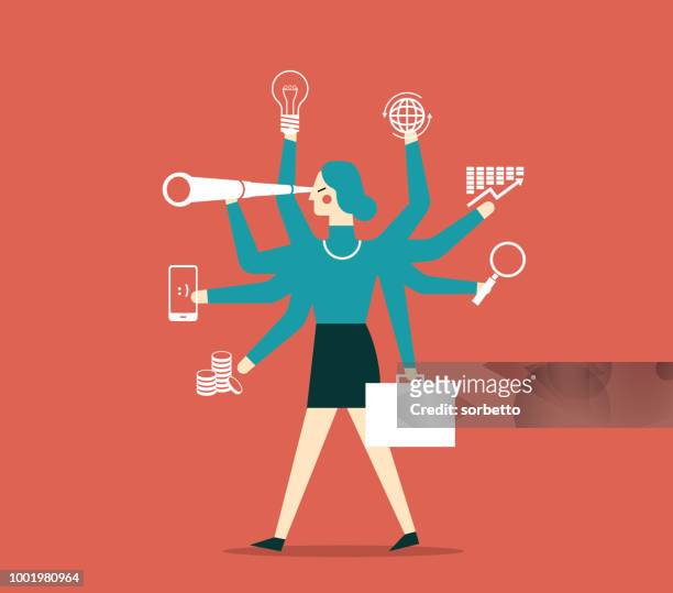 multitasking geschäftsfrau mit mehreren armen - unternehmer stock-grafiken, -clipart, -cartoons und -symbole
