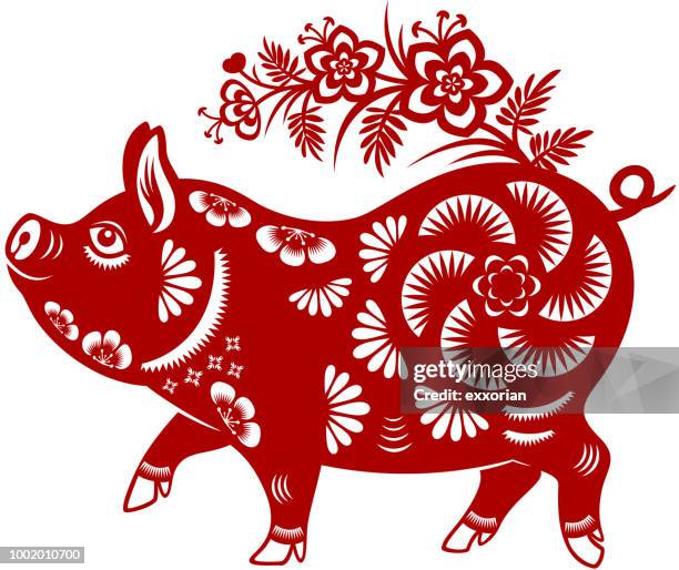 year of the pig papercut - chinese-zodiac-sign stock illustrations