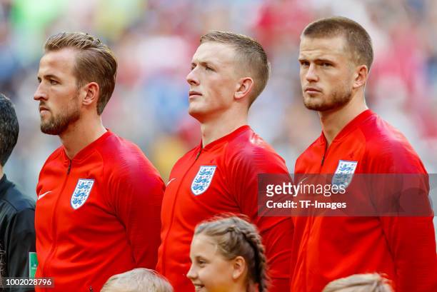 Harry Kane of England , Goalkeeper Jordan Pickford of England and Eric Dier of England looks on during the 2018 FIFA World Cup Russia 3rd Place...