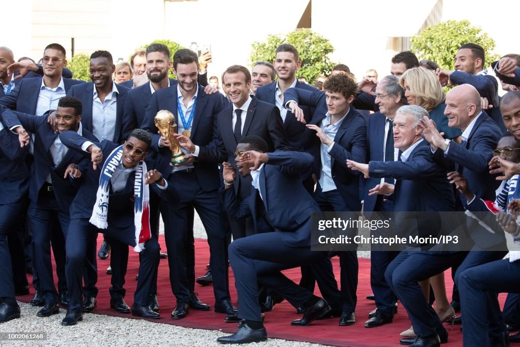 Emmanuel Macron Receives France's World Cup Winning Team At The Elysee Palace