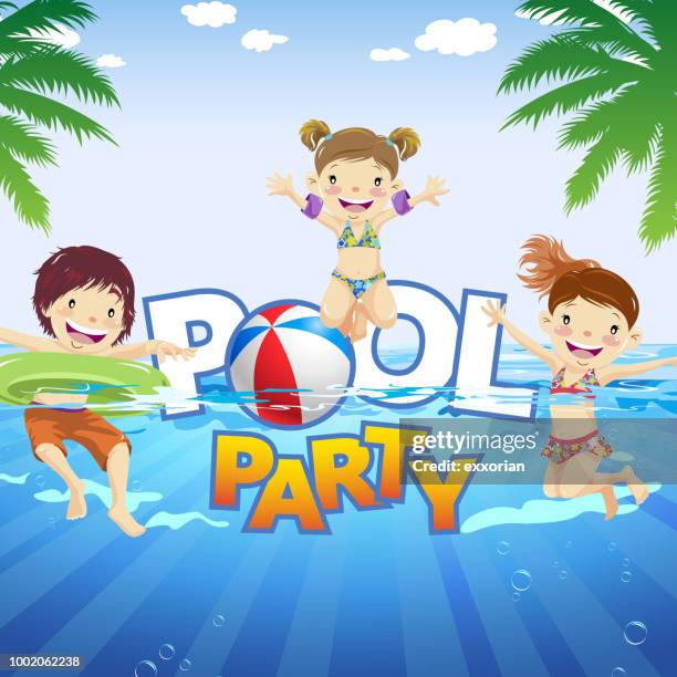 ilustraciones, imágenes clip art, dibujos animados e iconos de stock de parte de los niños - fiesta de piscina