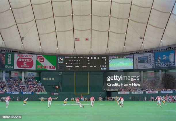 Pete Stoyanovich, Kicker for the Kansas City Chiefs kicks off the game at the start of the American Bowl pre-season exhibition game against the Green...