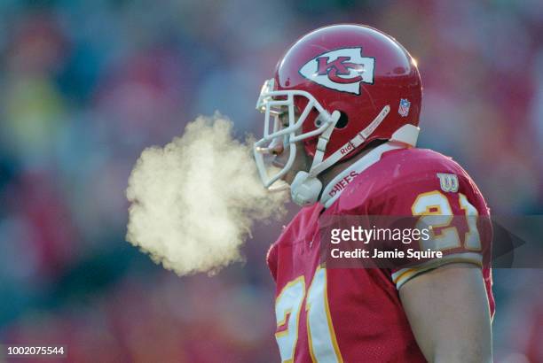 Martin Bayless, Defensive baclk for the Kansas City Chiefs feels the cold air with his breath during the American Football Conference West game...
