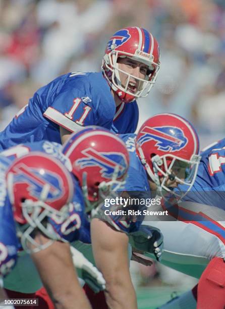 Rob Johnson, Quarterback for the Buffalo Bills calls the play at the line of scrimmage during the American Football Conference East game against the...