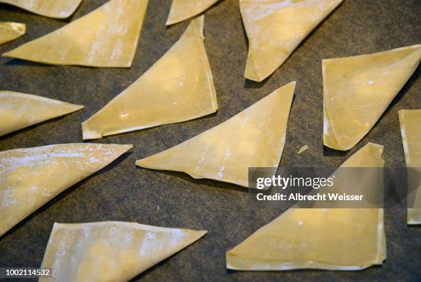 cooking lesson, making crispy cheese samosas, samosas lying on a working surface in the kitchen, germany - samosa stock pictures, royalty-free photos & images