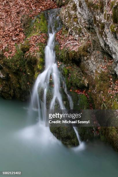 a small side stream discharges water into the river thur, thur waterfalls at the beginning of the snow melt, toggenburg, st. gallen, switzerland - stream body of water fotografías e imágenes de stock