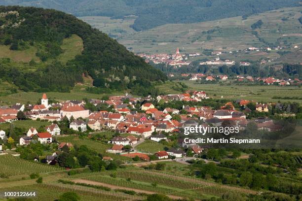 rossatz and weissenkirchen, at back, view from duernstein castle ruins, danube valley, wachau, lower austria, austria - rossatz stock pictures, royalty-free photos & images