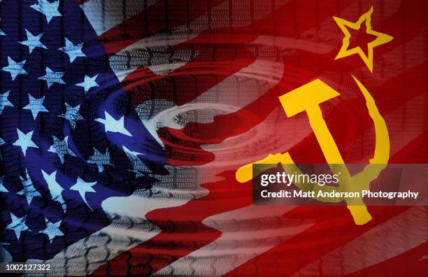 101010 data lines ripple with us soviet flag version 1 - usa russia stock pictures, royalty-free photos & images