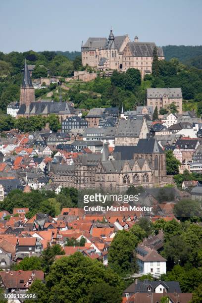 view over marburg an der lahn with the historic town centre in front of the landgrave's castle, university museum of cultural history, lutheran church, old university and the university church, marburg, hesse, germany - marburg germany stock pictures, royalty-free photos & images