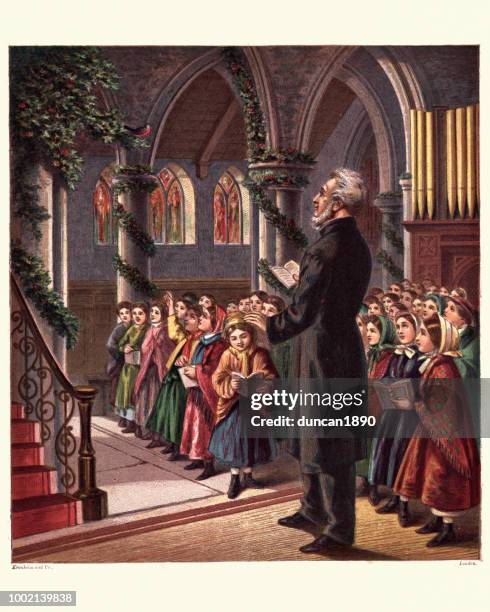 victorian christmas church service, vicar children singing hymns - priest stock illustrations