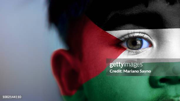 boy's face with digitally placed palestine flag on his face. - palestine stock-fotos und bilder