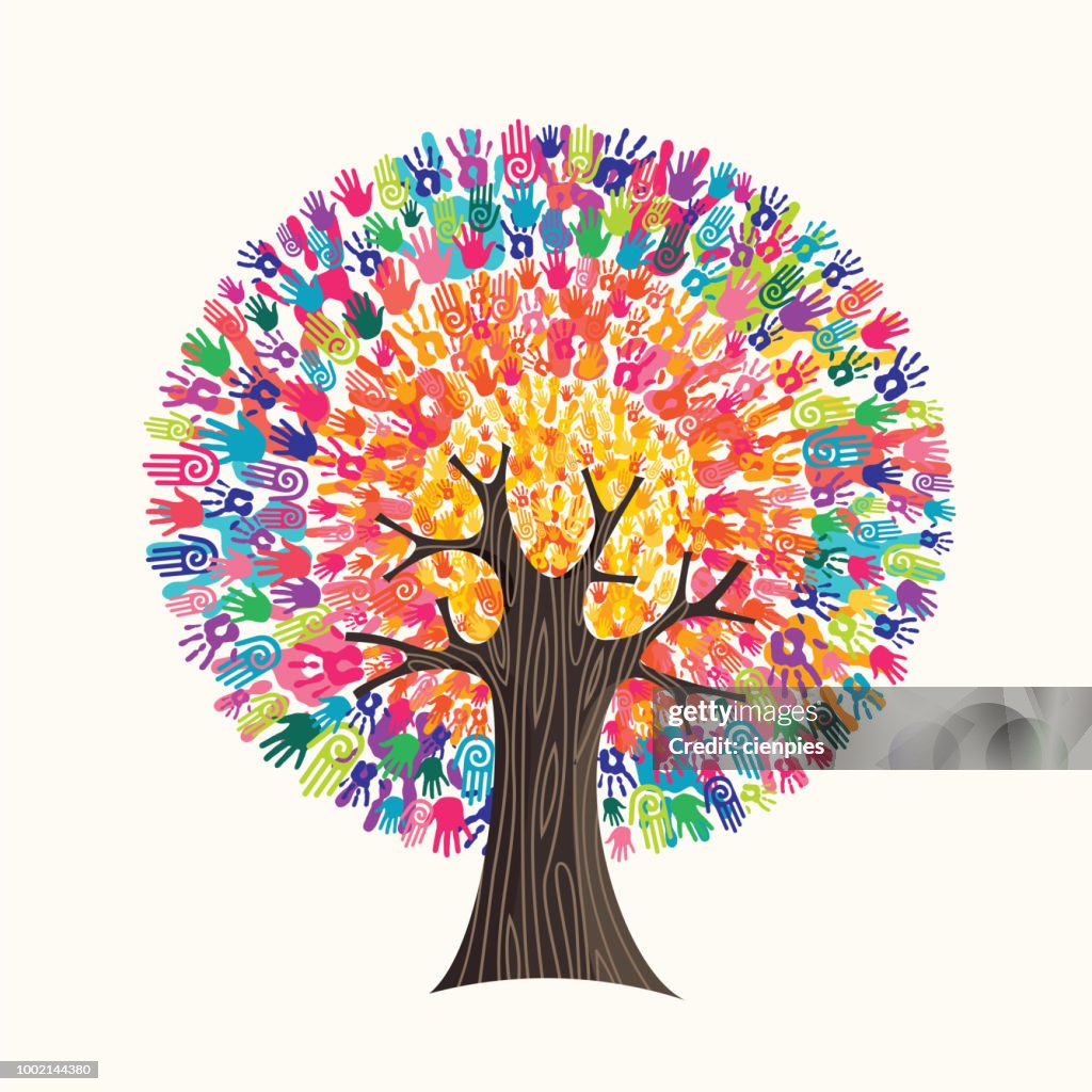 Colorful Help Design Colorful Hand Print Tree Concept For Social Help High-Res Vector ...