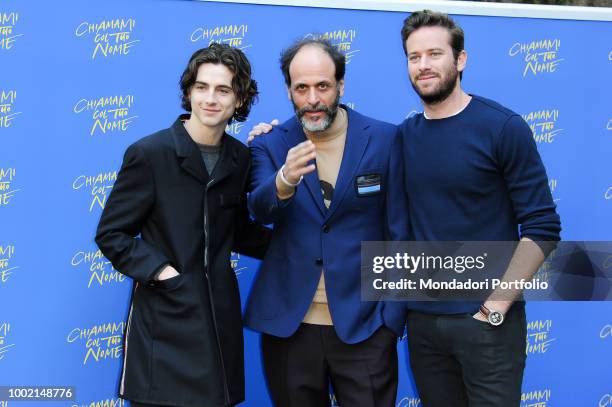 French actor Timothée Chalamet, italian director Luca Guadagnino and US actor Armie Hammer attend Call Me by Your Name photocall at Hotel de Russie....