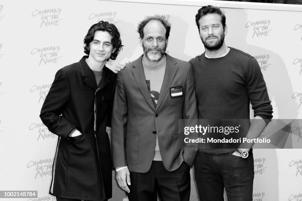 French actor Timothée Chalamet, italian director Luca Guadagnino and US actor Armie Hammer attend Call Me by Your Name photocall at Hotel de Russie....