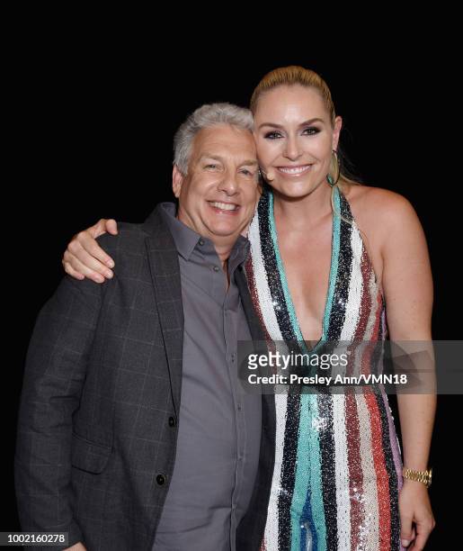 Marc Summers and skier Lindsey Vonn pose in the Green Room at the Nickelodeon Kids' Choice Sports 2018 at Barker Hangar on July 19, 2018 in Santa...