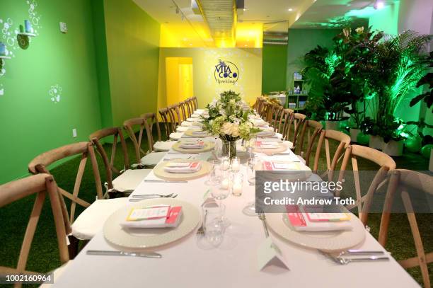 The overall view of the tablescape at the experiential pop-up "The Pop Shop By Vita Coco" at intimate launch party in SoHo on July 19, 2018 in New...