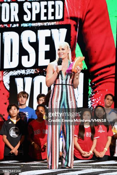 Skier Lindsey Vonn accepts the Need for Speed award onstage during the Nickelodeon Kids' Choice Sports 2018 at Barker Hangar on July 19, 2018 in...