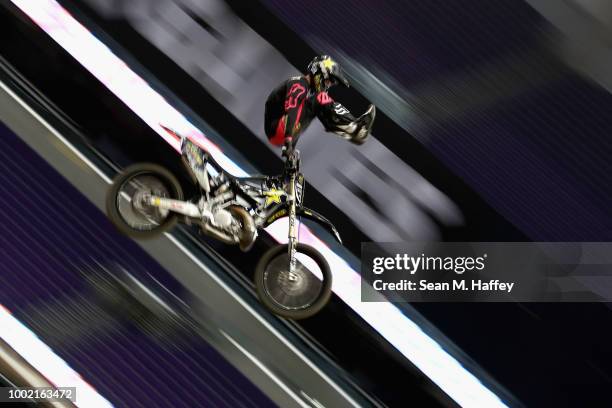 Adam Jones practices for the Moto X Freestyle event during the ESPN X-Games at U.S. Bank Stadium on July 19, 2018 in Minneapolis, Minnesota.