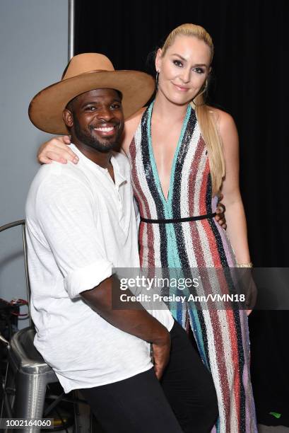 Player P.K. Subban and skier Lindsey Vonn pose in the Green Room at the Nickelodeon Kids' Choice Sports 2018 at Barker Hangar on July 19, 2018 in...