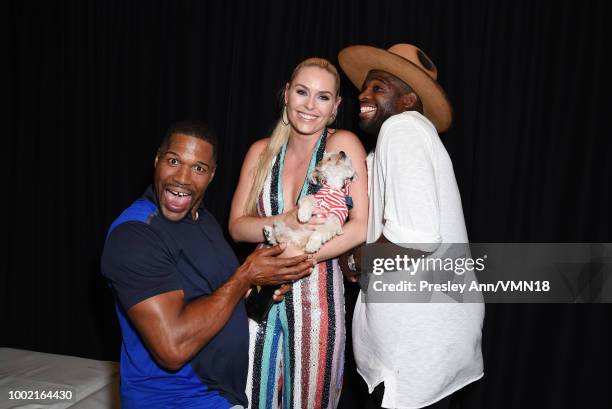 Former NFL player Michael Strahan, skier Lindsey Vonn, Leroy Brown aka Leroy The Good Boy, and NHL player P.K. Subban pose in the Green Room at the...