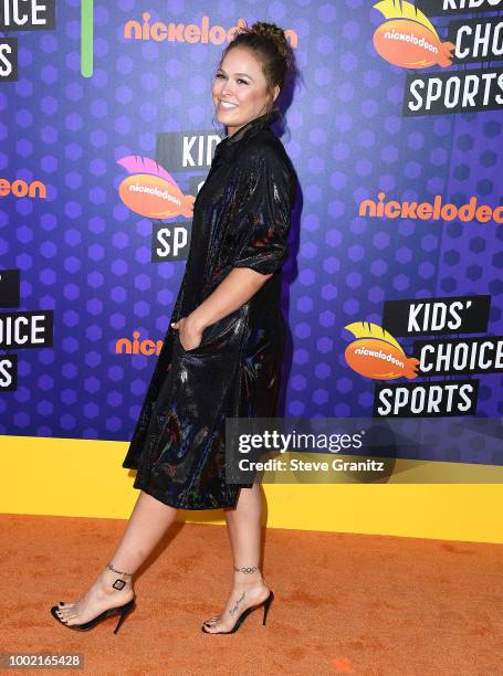 Ronda Rousey arrives at the Nickelodeon Kids' Choice Sports Awards 2018 at Barker Hangar on July 19, 2018 in Santa Monica, California.