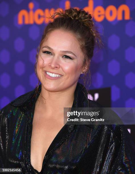 Ronda Rousey arrives at the Nickelodeon Kids' Choice Sports Awards 2018 at Barker Hangar on July 19, 2018 in Santa Monica, California.