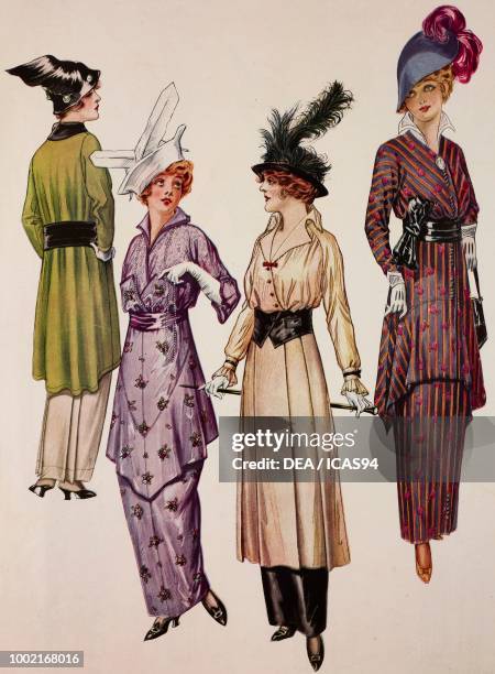 Fashion plates of a woman wearing a beige skirt, a green and black coat and a matching hat, and a purple floral day dress, long white gloves and a...