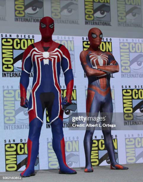 Spider-Man actors appear onstage during the Marvel Games Panel during Comic-Con International 2018 at San Diego Convention Center on July 19, 2018 in...