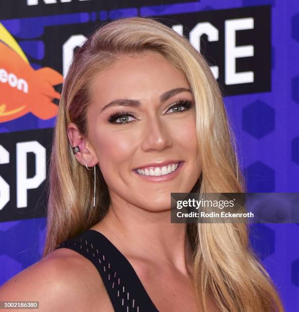 Pro skier Mikaela Shiffrin attends Nickelodeon Kids' Choice Sports Awards 2018 at Barker Hangar on July 19, 2018 in Santa Monica, California.