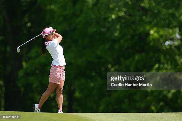 Ai Miyazato of Japan hits her second shot on the second hole during the second round of the Sybase Match Play Championship at Hamilton Farm Golf Club...
