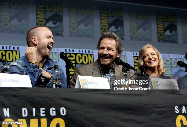 Aaron Paul, Bryan Cranston and Anna Gunn speak onstage during the "Breaking Bad" 10th Anniversary Celebration during Comic-Con International 2018 at...