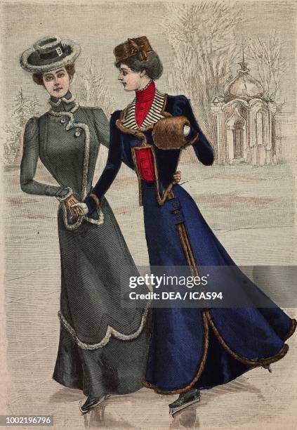 Woman wearing skating dresses and fur-trimmed hats, La Mode Illustree designs, engraving from La Mode Illustree, No 44, October 29, 1899.