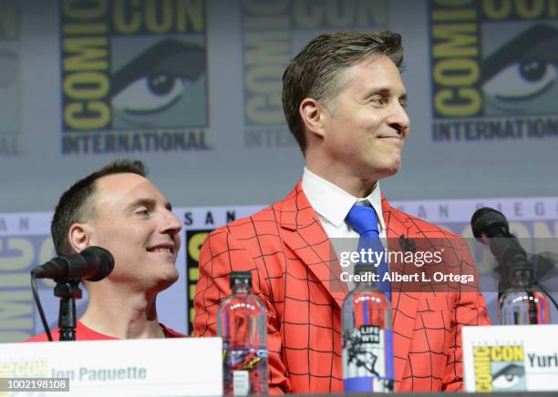 Jon Paquette and Yuri Lowenthal speak onstage during the Marvel Games Panel during Comic-Con International 2018 at San Diego Convention Center on...