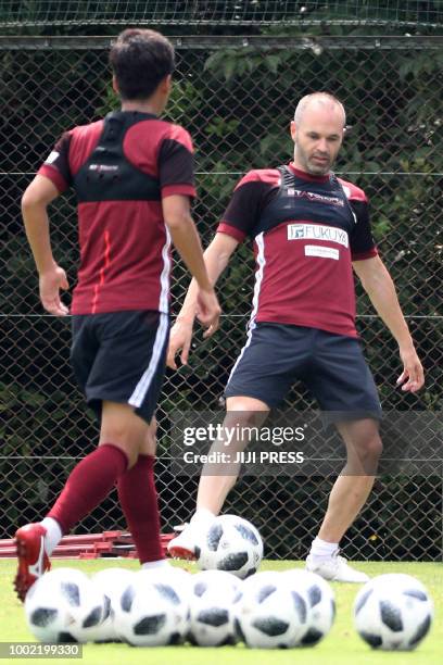 Spanish football player Andres Iniesta attends his first training session after joining Japanese J-League team Vissel Kobe in Kobe on July 20, 2018....