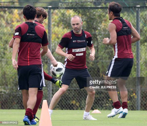 Spanish football player Andres Iniesta attends his first training session after joining Japanese J-League team Vissel Kobe in Kobe on July 20, 2018....
