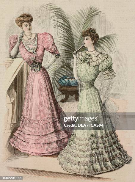 Woman wearing a dinner or evening dress, skirt with ruffles; woman wearing a silk voile dress, skirt with ruffles, models by Mademoiselle Louise...
