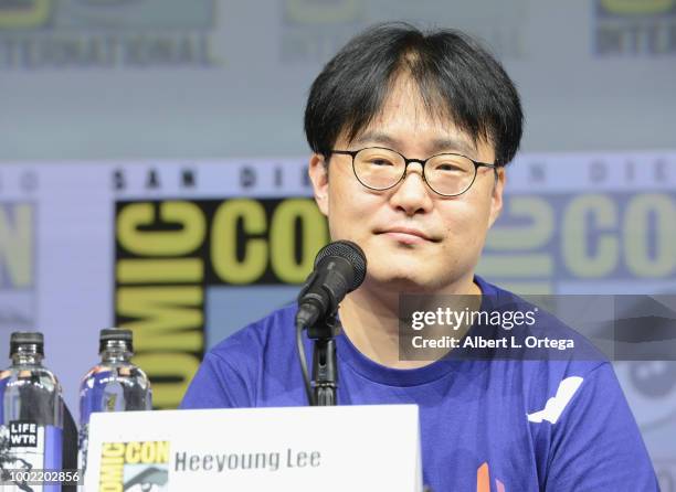 Heeyoung Lee speaks onstage during the Marvel Games Panel during Comic-Con International 2018 at San Diego Convention Center on July 19, 2018 in San...