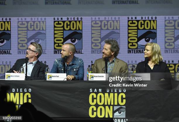 Vince Gilligan, Aaron Paul, Bryan Cranston, and Anna Gunn speak onstage during the "Breaking Bad" 10th Anniversary Celebration during Comic-Con...