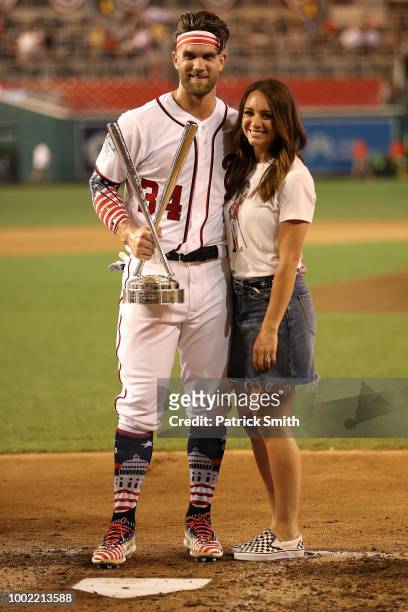 Bryce Harper celebrates with his wife Kayla Varner during the T-Mobile Home Run Derby at Nationals Park on July 16, 2018 in Washington, DC.