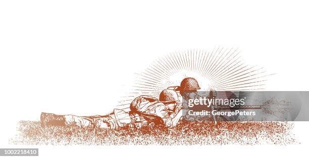 world war ii combat soldier on d-day. m1919 browning machine gun - machine gun stock illustrations