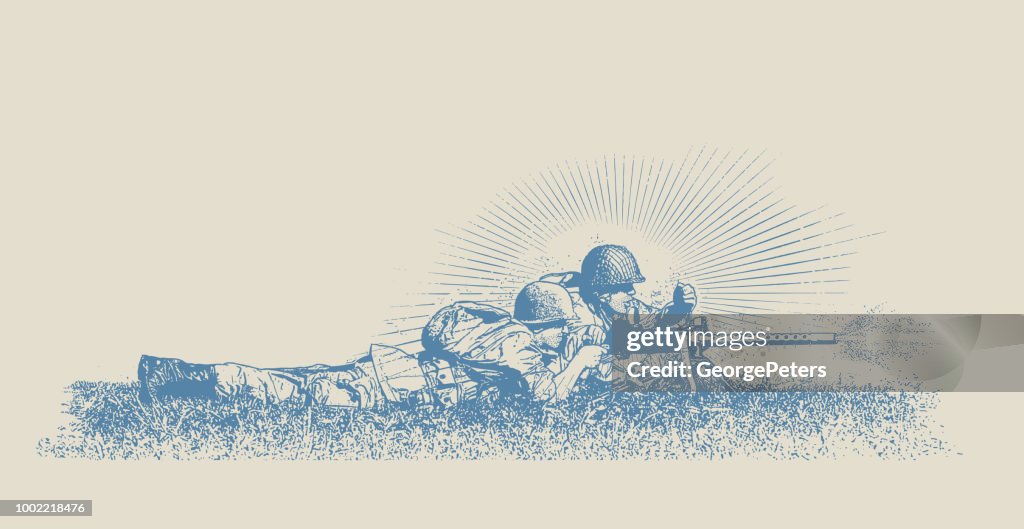 World War II Combat Soldier on D-Day. M1919 Browning Machine gun