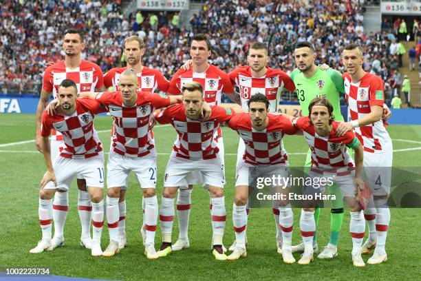 Players of Croatia line up for the team photos prior to the 2018 FIFA World Cup Russia Final between France and Croatia at Luzhniki Stadium on July...